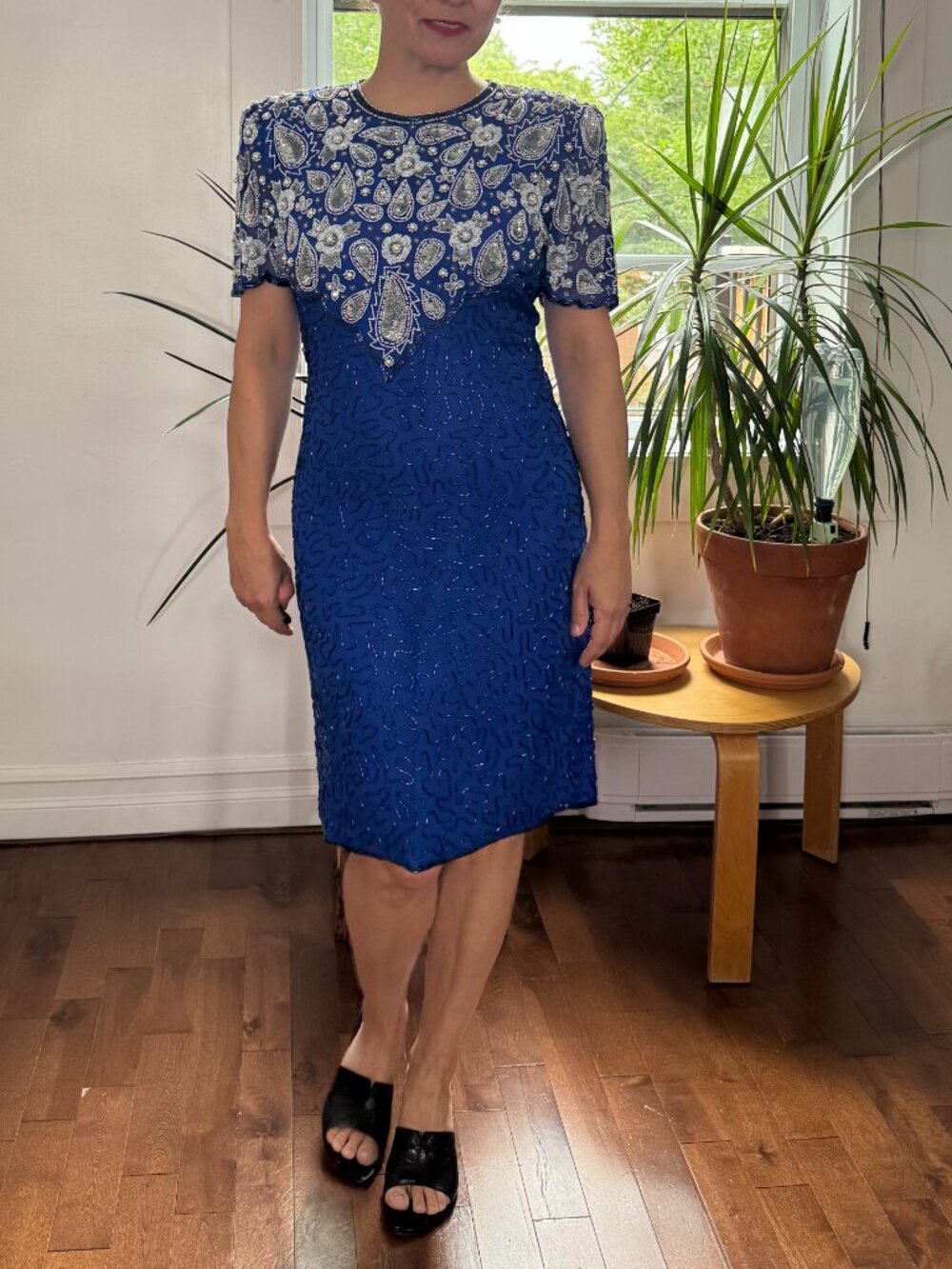 Vintage 80s Laurence Kazar 100% silk royal blue sequin/ beaded mini dress